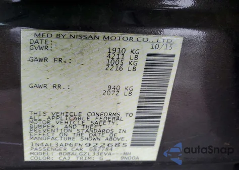 2015 Nissan Altima 2.5 from USA, damaged, VIN 1N4AL3AP6FN922685